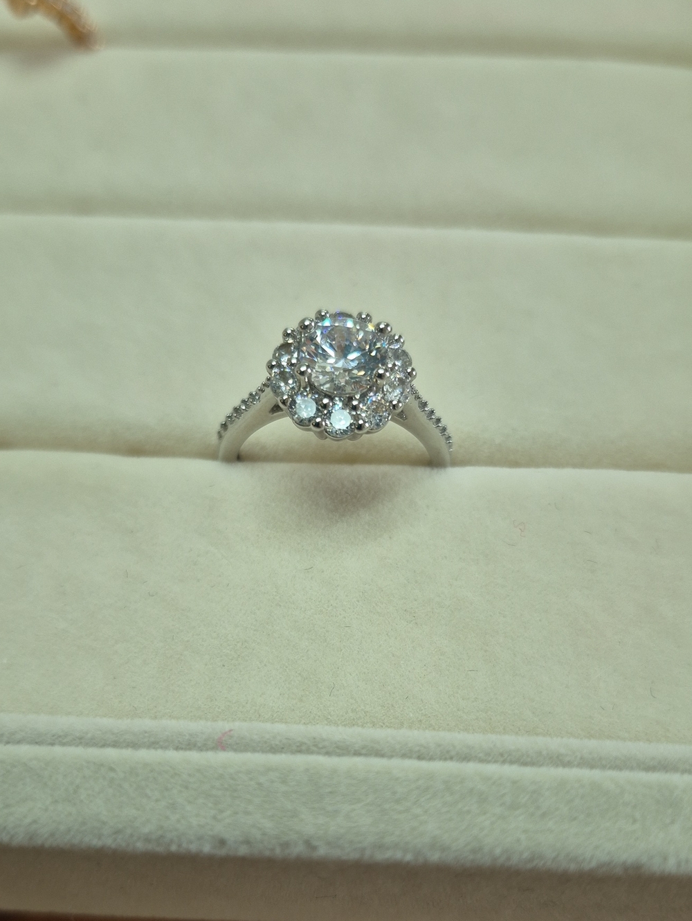 Sparkling .925 Silver Halo Engagement Ring with Moissanite Stones